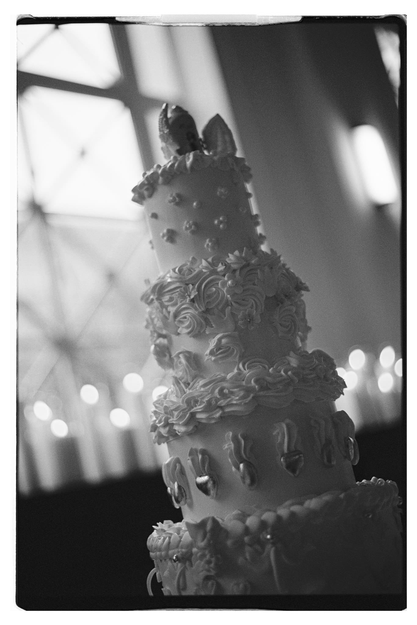 Black and white wedding cake captured in 35mm film