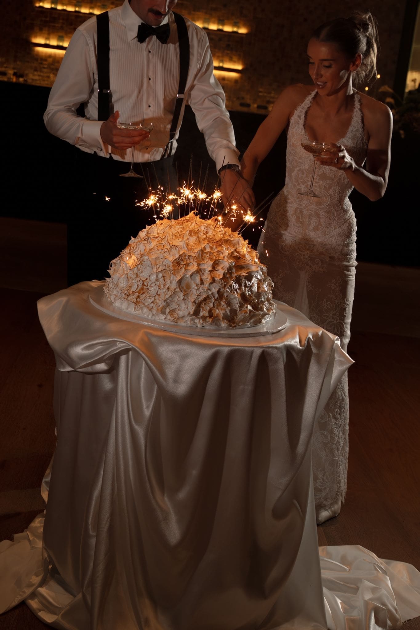Wedding cake - giant Bombe Alaska lit up with sparklers